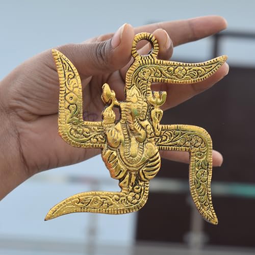 Metal Lord Ganesha Swastik Wall Hanging – 3.5'' Inch, Set of 2 – Traditional Hindu Décor for Home, Temple, Office, Entrance – Spiritual Gift Item for Housewarming, Festive Decoration