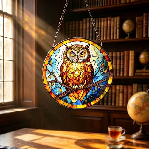 Stained Glass Owl Suncatcher, 7.8’’ Bird Window Hanging Gift for owl Lovers