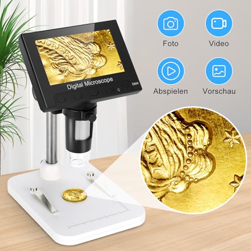 WADEO 4.3 Inch LCD Digital Microscope 1000x Including 32GB Card, Portable Microscope USB Digital Microscope with 8 Adjustable LEDs and Metal Stand, MacOS Windows Compatible 4.3 inches