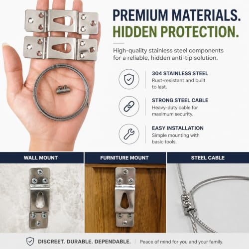 DAMILA hidden stainless steel anti-tip furniture anchor kit with invisible silver hollow-wall anchors, 2-pack