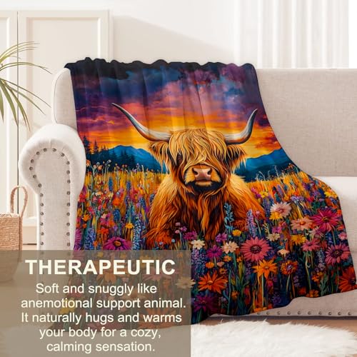 Highland Cow Flannel Throw Blanket 80x60 Inch, Cute Animal in Wildflower Field at Sunset, Vibrant Nature Art Style Blankets for Living Room, Bedroom, Sofa, Country Decor Gifts Throws 60"x80" Highland Cow01