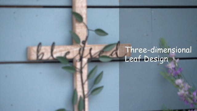 NIKKY HOME Wall Cross, Rustic Wooden Cross With Metal Leaves Blessed