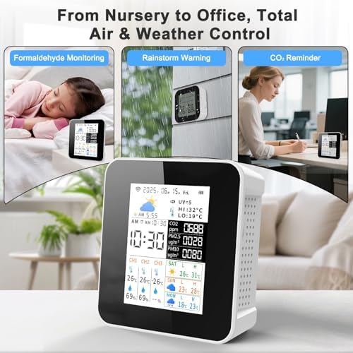 Air Quality Monitor Indoor 17-Parameter with APP Control Real-Time Display for CO2 PM2.5 PM10 Temperature Humidity 4 Sensors Alerts and Protection for Baby Rooms L