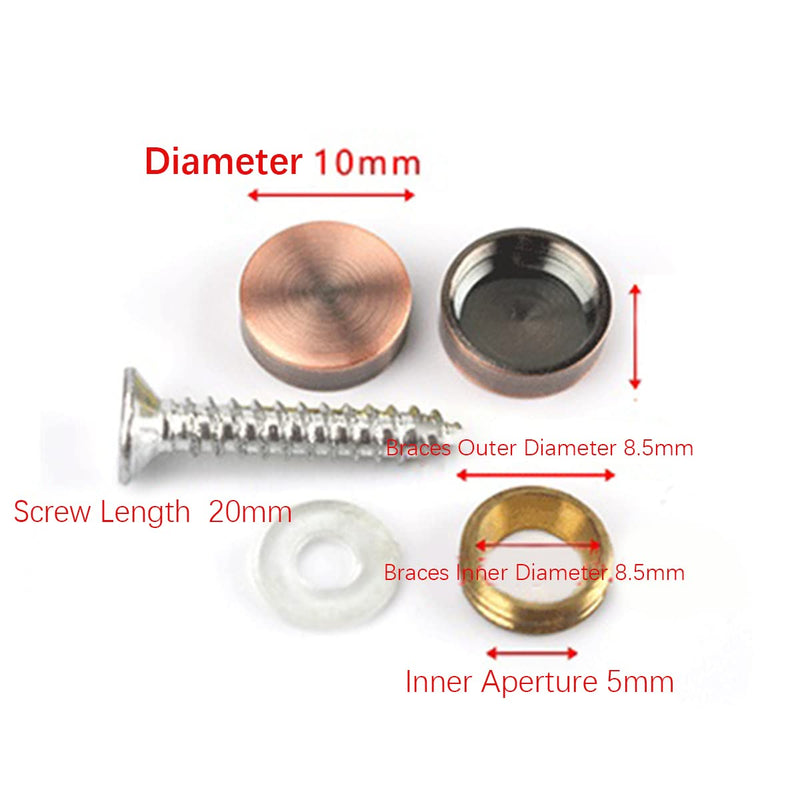 [Australia - AusPower] - 8 Pcs Copper Mirror Screws, Dia. 10mm Furniture Standoff Screw Decorative Cap Covers, Mirror Self-Tapping Screws Cap Nail, Red Copper 