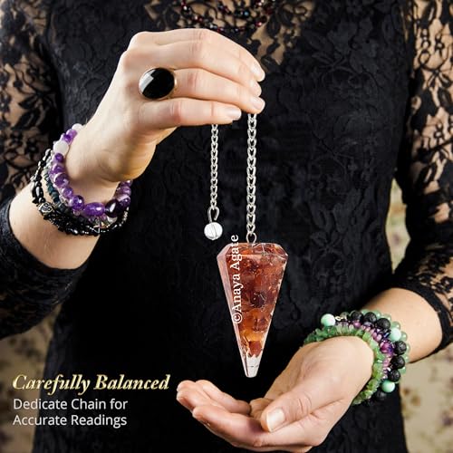 Anaya Agate Carnelian Pendulum - Certified Orgone Dowsing Crystal & Healing Gemstone Pendulum for Divination, Meditation, Chakra Balancing & Crystal Grid - Natural Gemstone Pendulum with Chain #26 Red Carnelian