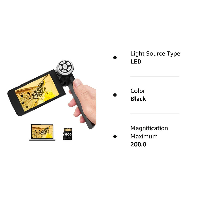 [Australia - AusPower] - Andonstar AD203 Handheld Digital Microscope, Portable Pocket Microscope with 4 inch Screen for Kids and Adults, Black, Electronic FHD Video Microscope, Supports Windows Mac PC, USB Coin Microscope Handheld Black 