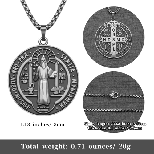 St Benedict Necklace Saint Benedict Medal Bless Safety Religion Pendant Gift for Men, Women, Family, Parent, Friend Ancient Silver