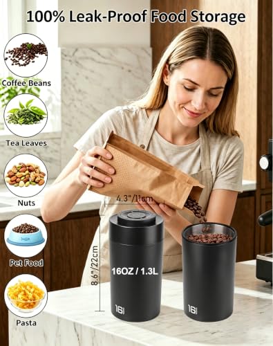 Black ROTTOGOON auto vacuum coffee canister with 1.3L capacity, electric coffee bean storage container, sealed for freshness.