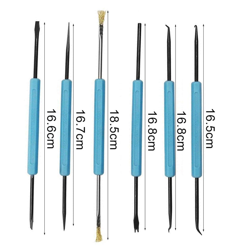 IKOPFLN 6 in 1 Blue Double-Sided Solder Assist Disassembly Tool, Hex Grip Solder Assist Fork + Reamer + Chip Hold + Brush + Needle + Hook
