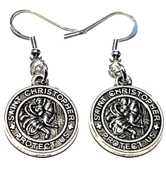 Royal Swan Antique Silver SAINT CHRISTOPHER PROTECT US Medal Earrings on Sterling Silver Hooks in a Velvet Gift Bag. Traveller Travel Protection Jewelry
