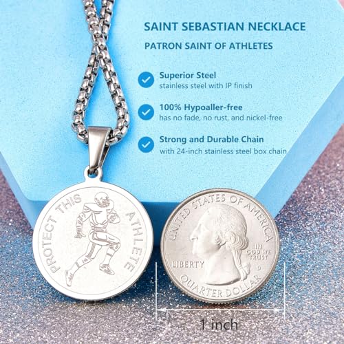 Wolentty Saint Sebastian Necklace - 1" Stainless Steel Patron Saint of Athletes Necklace for Baseball Football Basketball Soccer Wrestling Sports