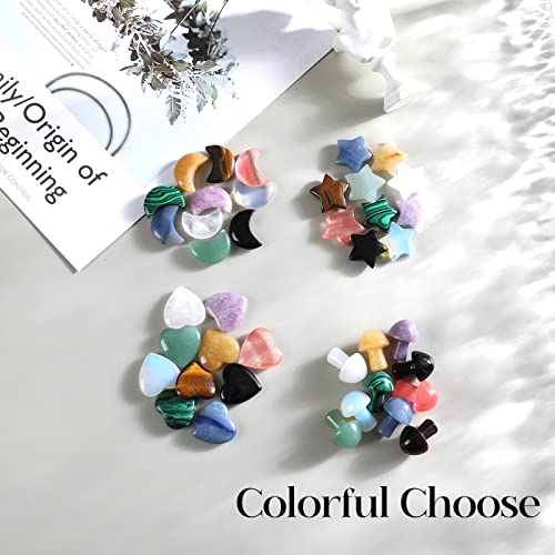 40 PCs Crystal Heart Moon Star Mushroom Shaped Natural Healing Worry Stones Bulk Polished Love Gemstones Handmade Pocket Set Bulk Balancing Meditation Mother's Day Christmas Gift 40pcs