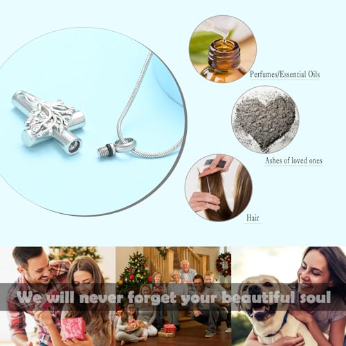 Cross Urn Necklace with Tree of Life Design Stainless Steel Cremation Jewelry for Ashes for Men Women Memorial Keepsake Pendant for Loved Ones Silver
