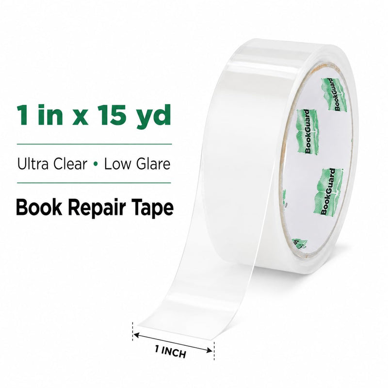 BookGuard Clear Book Repair Tape, Book Binding Tape 1 Inch x 15 Yards, Ultra Clear Low-Glare Flexible Polyethylene Library Tape for Spine, Hinge, Cover & Page Repair 1" Wide, 15 Yards Pack of 1