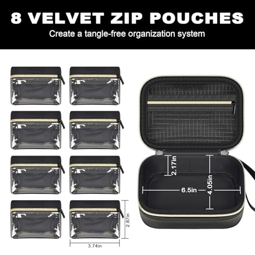 Fireproof Travel Jewelry Case with 8 Velvet Pouches Black