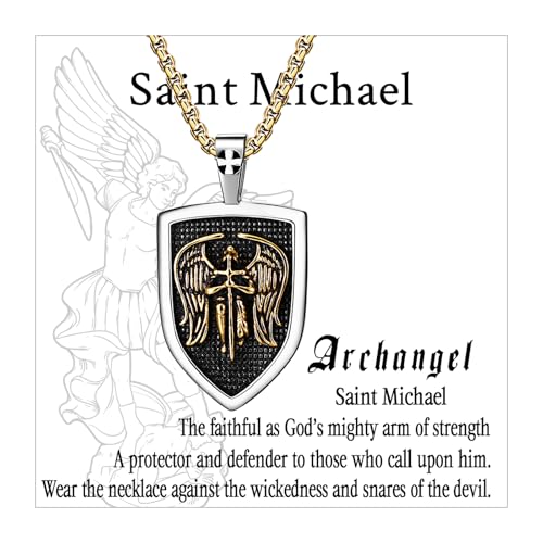 St Michael Necklace for Men, Stainless Steel Silver Gold - Archangel Amulet