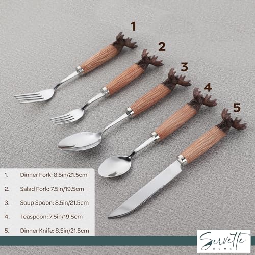 Moose Flatware Set, 5 Piece, Stainless Steel Utensils with Wood-like Handles, Knife, Soup Spoon, Teaspoon, Dinner Fork, Salad Fork