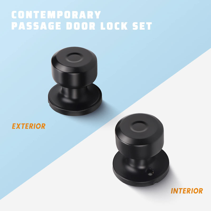 KNOBWELL 2 Pack Matte Black Passage Door Knob Set, Closet and Hallway Door Knobs in Classic Style with Concealed Screws