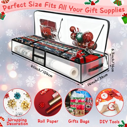 Abbylike 2-pack clear Christmas underbed gift wrap organizers with compartments for wrapping paper storage and organization.