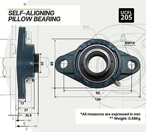 DOJA Barcelona Flange Bearing UCFL 205 – 2 Pillow Block UCFL Ball Bearings for 25mm Shaft – Steel Pillow Block Bearing Units for Industrial and General Applications – Flange Mounted UCFL Block PACK 2