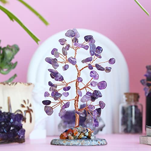 Amethyst Healing Crystal Tree of Life Natural Gemstone Agate Slice Base Copper Wire Wrapped Money Trees Feng Shui Reiki Spiritual Energy Decorations Home Office Room Desk Decor Gifts for Women Men Purple-amethyst