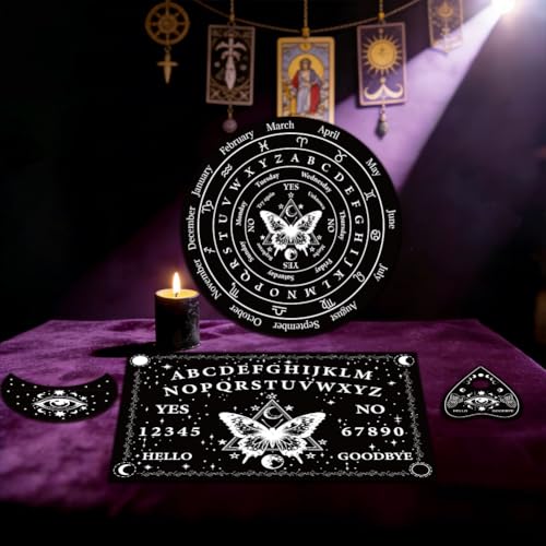 4Pcs 4 Sizes Spirit Board Wood Set with Heart Moon Planchette, Pendulum Dowsing Board Butterfly Pattern Black Divination Tool for Witchcraft Decor Altar Meditation Spiritual Talking Gift