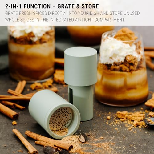 Microplane Spice Mill 2in1 – Sage Green | Manual Spice Mill with Ultra-Sharp Stainless-Steel Blade | Grates Nutmeg, Cinnamon, Tonka Bean, Indian Long Pepper, Nuts & More | Airtight Storage