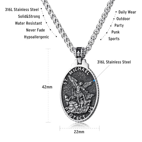 Mens St Michael Christopher George Benedict Necklace Stainless Steel Silver Virgin Mary Pendant Necklaces Chain Jewellery for Men Women 60cm