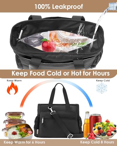 GLENKEY Insulated Lunch Bag Women Leakproof Cooler Tote for Work Outdoor Medium C_Black