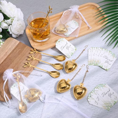 25 Sets Bridal Shower Tea Party Favor for Guests Heart Shape Infuser Ball Leaf Tea Spoon for Loose Teas with Thank You Cards Organza Bag Wedding Souvenir Teas Party Decorations (Gold)