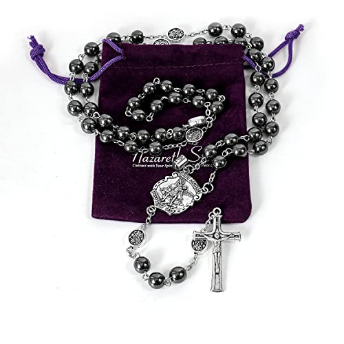 Nazareth Store Hematite Rosary Black Stone Beads Necklace Projection Our Father Prayer Medal with St. Michael Centerpiece and Crucifix 21"