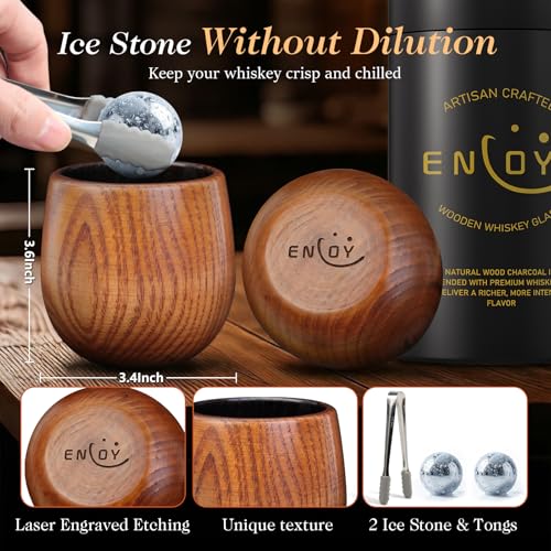 ENLOY Charred Wooden Bourbon Drinking Glass Set with Ice Stones & Tongs