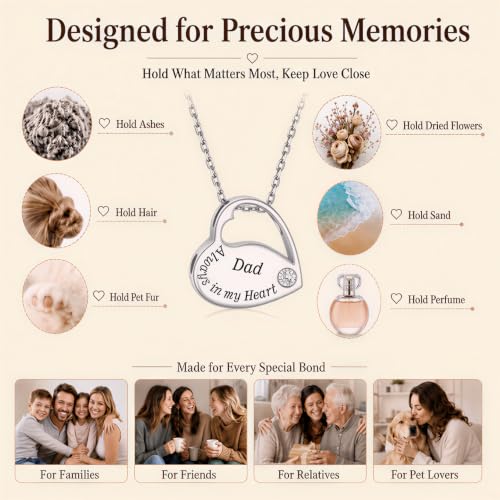 S925 Sterling Silver Heart Urn Necklace Memorial Ashes Keepsake Jewelry Dad