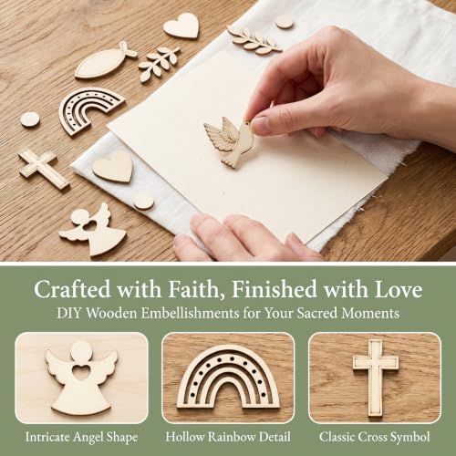 Bolosa Wooden Christening Confetti, 200 Piece Christening Table Confetti with Cross, Angel, Dove and Rainbow, Baptism Table Scatter, Baby Shower Decorations and Christening Party Decorations