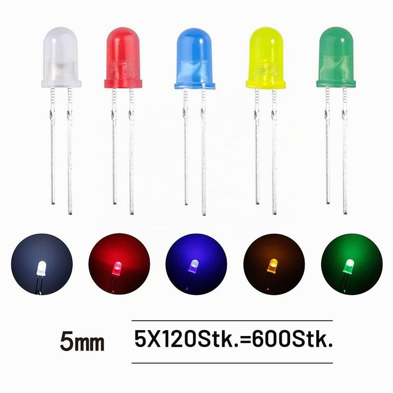 YIXISI 600 pieces 5 mm LED light emitting diode set, round head LED, 5 colors (120 pieces of each color), white, red, yellow, green, blue 5 Mm - 5 Colors - 600 Pieces