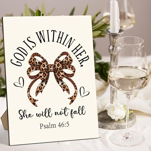 Psalm 46:5 Christian Desk Decor - God is within Her, Leopard Bow Wooden Sign Gifts for Women, Home Bedroom Girls Dorm Room Office Tabletop Decor, 8 x 11 Inches -A014 Leopard Bow-1