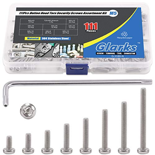 Glarks M5 Torx security screw assortment set, 304 stainless steel pan head screws with T25 wrench