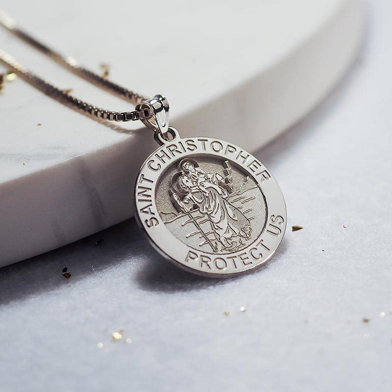 PicturesOnGold.com Saint Christopher Religious Round Medal Only and Medal With Engraving in Silver, 10K or 14K Gold 2/3 x 2/3 Inch