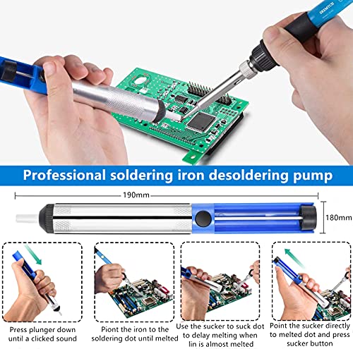 Soldering Iron, 60 W/220 V Soldering Iron Set with Adjustable Temperature Knob 200-450 °C and On/Off Switch, 100 g Solder, 5 Soldering Tips, Desoldering Pump, Soldering Stand with Sponge, PU Bag for Repairs Blue