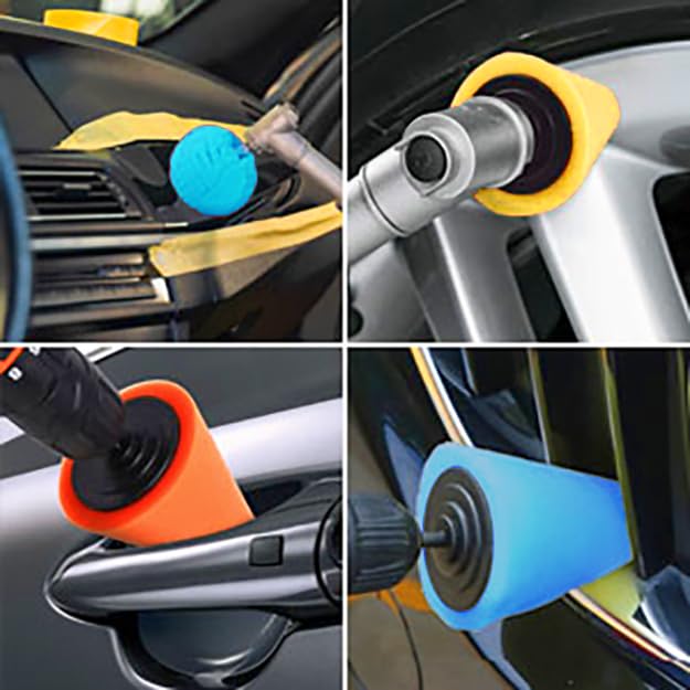6PCS Car Wheel Hub Drill Buffing Sponge Pads Kit,3 Inch Shank Polishing Pads for Wheel Hub Cleaning, Auto Cone Metal Polish Buffing Polishing Ball,for Automotive Car Wheels Care Buffing Tool