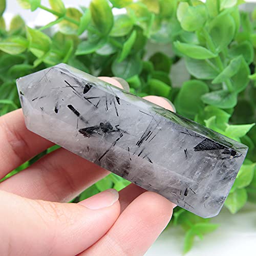 Acxico 1 pcs 7-8cm Natural Tourmaline Black Hair Quartz Crystal Hexagonal Point Wand Healing Reiki