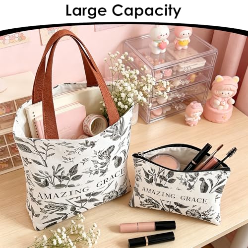 Religious Tote Bag Set with Makeup Bag, Floral Bible Verse Canvas Tote