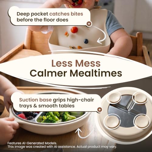 Stainless Steel & Silicone Toddler Feeding Set, 7 Piece Kids Dinnerware with Divided Plate, Bowl, Training Cup with Straw, Bib, Fork and Spoon, BPA‑Free, Food‑Grade for Children (Color Beige)