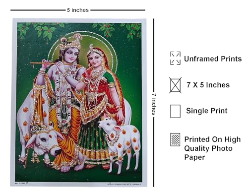 Rastogi Handicraft India Best Of Reprint Hindu God Poster/Picture With Unframed (White Paper, Radha-Krishna-With-Cow-7"X5")