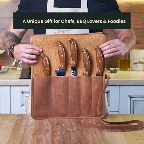 Caramel brown leather knife roll bag for chefs, professional knife case with multiple compartments by OMBUO.