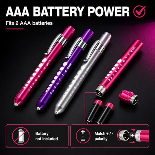 Zolara Led Stiftlampe, Pupillenleuchte Set, LED Taschenlampe Augenleuchte, Taschenlampe mit Clip und Skala, für Augenuntersuchungen, Notfall und Pflegezubehör, Lila, Silber, Rosa