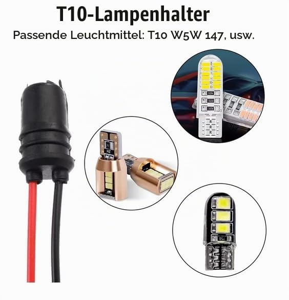 2 x T10 Socket with Cable - Pre-Wired Socket for T10 W5W 147 - 12V DC - Rubber Lamp Holder for Car & Motorcycle - Plug & Play Installation - Hole Size 10 mm - 14 cm Cable Lamp Holder