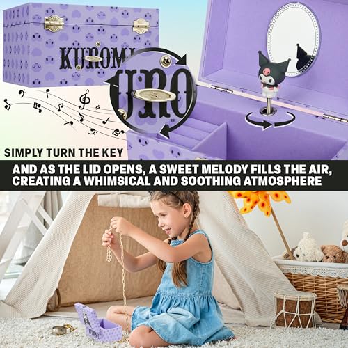 Hello Kitty Sanrio Kuromi Musical Jewelry Box for Girls Teens Women Kawaii Wind Up Music Box Jewelry Organizer Ring Holder Gifts for Women (Purple Kuromi)