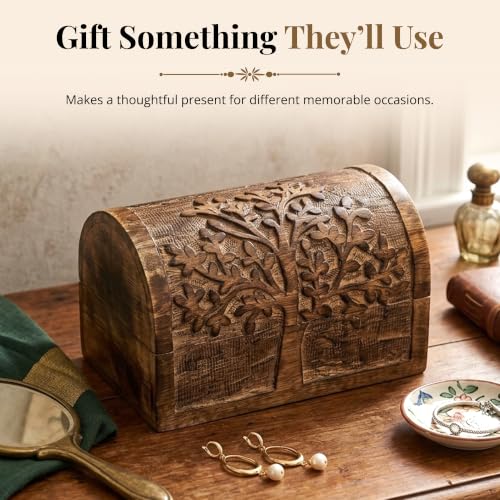 Premium Handmade Wooden Treasure Chest Decorative Trunk for Keepsakes Semicircular Curved Floral Jewellery Box Trinket Box Ladies Jewellery Storage Case Handcrafted Home Decor (Plain Tree) Plain tree