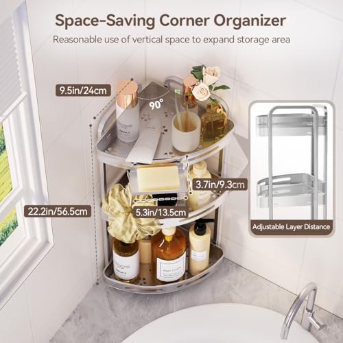 Silver 3-tier standing corner shower caddy by Binecer with multiple shelves for bathroom organization and storage.